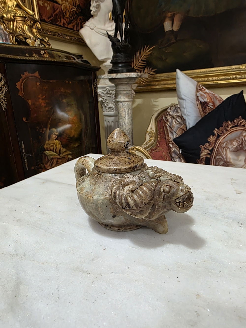 Chinese Carved Hardstone Ram-Form Lidded Ewer Vessel